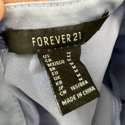Forever 21 Blouse Womens Medium Blue Satin Crop Top Open Back Tie Shirt
