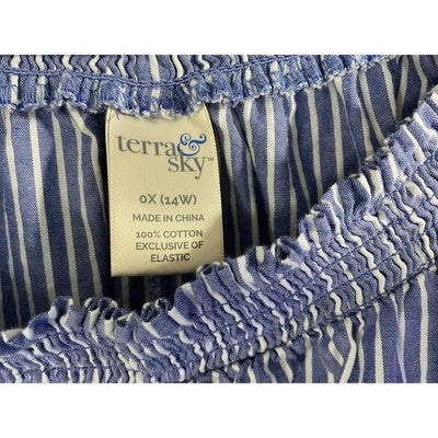 Terra & Sky Shift Dress Women 0X Blue Striped Cotton Smocked Neck Tie Sleeve