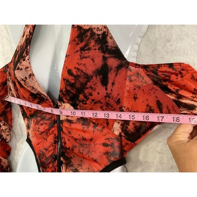 Queen Mania 2 Piece Set Women L Red Black Tie Dye Ruched Mesh Bodysuit Sheer USA