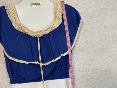 Flying Tomato Blouse Womens Small Blue Crochet Ruffle Tassel Crop Top Boho