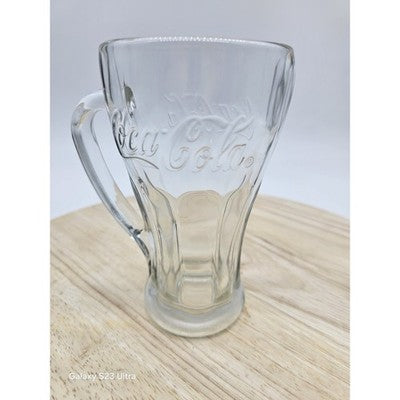 Vintage Clear Glass Coca Cola Mug 5.5" Embossed Thick Handle Tall Drinking