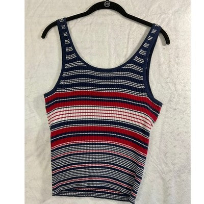 American Eagle Tank Top Womens XL Blue Red White Striped Ribbed Henley Shirt