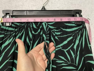 Palm Print Skirt Womens Medium Black Green Bubble Hem Midi Drawstring Waist
