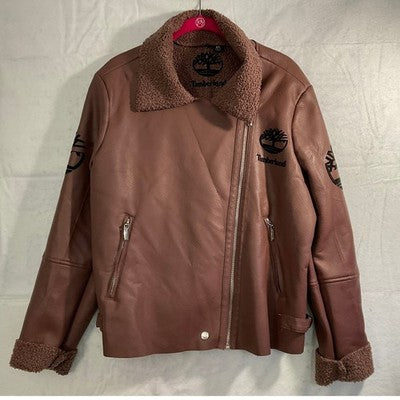 Timberland Moto Jacket Women XL Mauve Faux Leather Sherpa Lined Graphic Logo