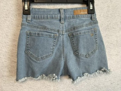 Justice Shorts Girls 7 Blue Denim Mini Mom Sequin Fringe Pockets Raw Hem Sparkle