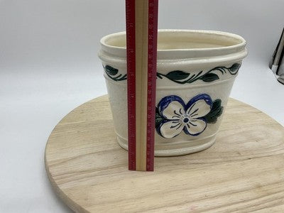 GM Hall Pottery Planter Oval Flower Pot Blue White Floral Handpainted Planter