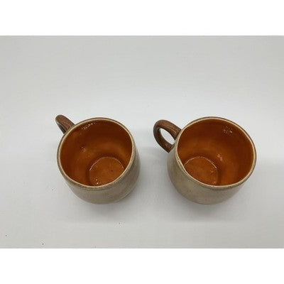 Stoneware Coffee Mugs Set Of 2 Beige Train Steamboat Graphic Unmarked VTG
