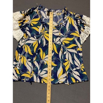 Amana 1X Floral Boho Blouse Crochet Sleeves Vibrant Print Women’s Top