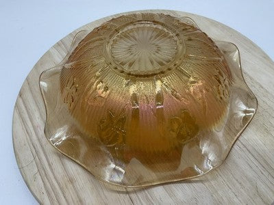 Vintage Amber Carnival Glass Serving Bowl Floral Ruffle Edge Gold Iridescent MCM