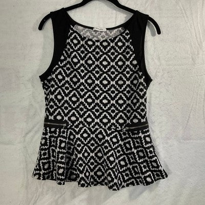 Vintage Peplum Top Womens Large Black White Geometric Zipper Sleeveless Blouse