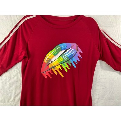 Graphic Maxi Dress Women XL Red Rainbow Lips Graphic Sporty Stripe T-Shirt