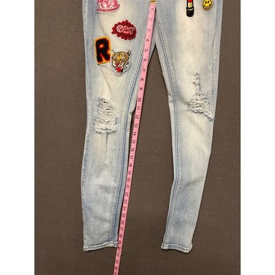 Indigo Rein Forever Jeans Size 5 Light Wash Skinny Ankle Patch Distressed Fun