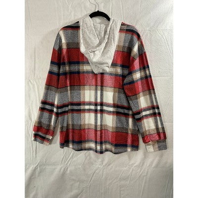 Exclusive Plaid Hooded Shirt Women Large Red White New Checkered Button Up Hoody