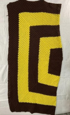 Handmade Knit Afghan Throw Blanket 60 In Brown Yellow Geometric Vintage Retro