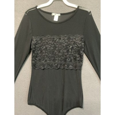 Soho Apparel Bodysuit Womens Small Black Long Sleeve Lace Floral Sheer Stretchy