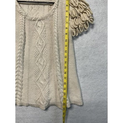 Sweater Womens Small Ivory Cable Knit Short Sleeve Loop Fringe Pullover Angora