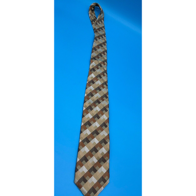 Villini Men's 100% Silk Tie Geometric Check Pattern Brown Gold 3.5" Classic