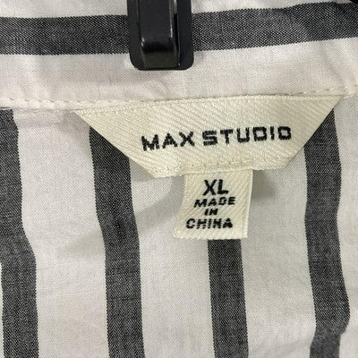 Max Studio Shirt Womens XL White Black Stripe Button Front Long Sleeve Tie Waist