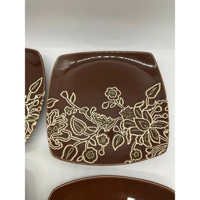 Jaclyn Smith Square 7" Plates Set of 6  Brown Floral Stoneware Salad Dessert