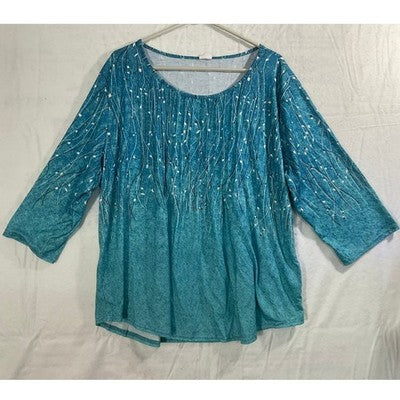 Xieerduo Blouse Women 3XL Teal Blue Abstract Branch Pleated Scoop Neck Top