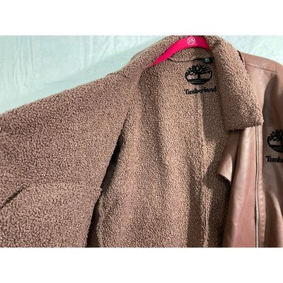 Timberland Moto Jacket Women XL Mauve Faux Leather Sherpa Lined Graphic Logo