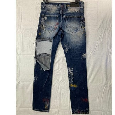 Smoke Rise Moto Jeans Men 32 Blue Distressed Paint Splatter Biker Denim Grunge