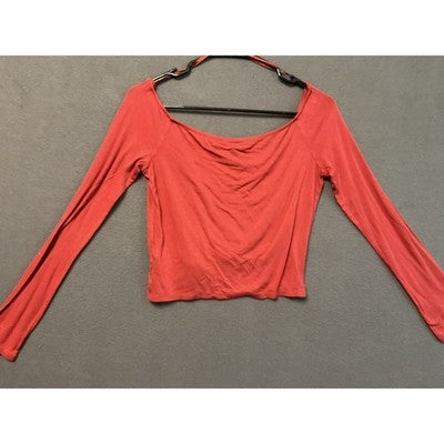 Ambiance Shirt Womens Medium Red Long Sleeve Twist Front Crop Top Stretch Rayon