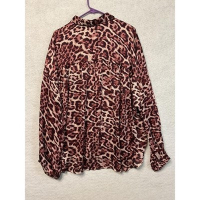 The Drop Blouse Womens 3X Leopard Animal Print Sheer Long Sleeve Button Shirt
