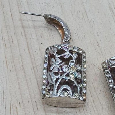 Silver Tone Rectangle Dangle Earrings Womens Rhinestone Floral Drop Jewelry