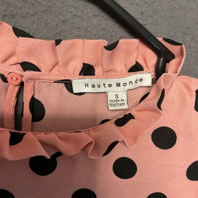 Haute Monde Pink Polka Dot Blouse Small Ruffle Neck Smocked Cuff Romantic Top