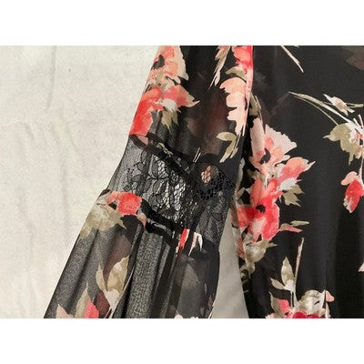 White House Black Market Floral Mini Dress Women 4 Black Lace Trim Chiffon Boho