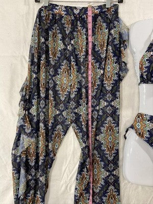 Bikini Set Womens 1XL Blue Paisley 3 Piece High Waist Sheer Ruffle Pants Swim