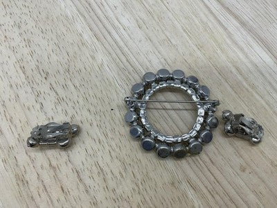 Vintage Rhinestone Brooch Clip On Earrings Set Silver Tone Round Circle Bridal