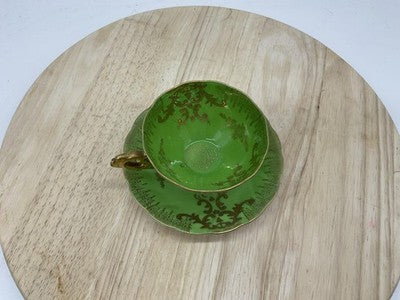 Royal Sealy China Green Luster Tea Cup Saucer Gold Scrollwork Rococo VTG Rare
