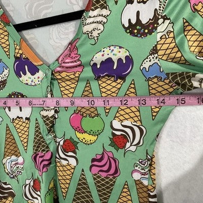 Romper Womens Small Multicolor Ice Cream Print Long Sleeve V Neck Button Stretch