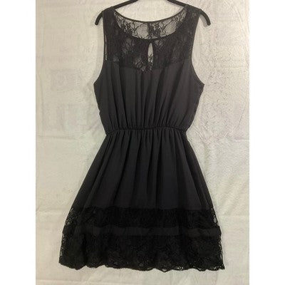 VTG Paper Crane Dress Womens Large Black Lace Trim Sleeveless Mini USA Cocktail