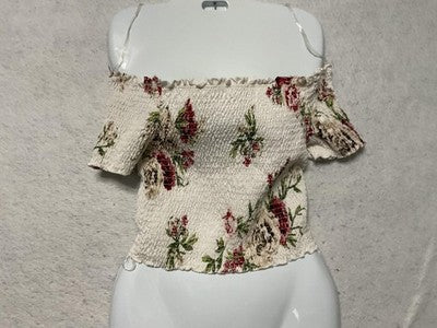 Feathers Blouse Womens Size L White Floral Off Shoulder Smocked Crop Top Stretch