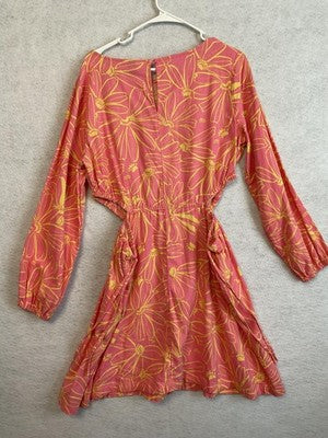 Universal Thread Dress Womens XL Pink Floral Cutout Waist Long Sleeve Linen