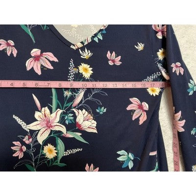 Serra Dress Womens Large Navy Blue Floral 3/4 Sleeve V Neck Shift Stretch Jersey
