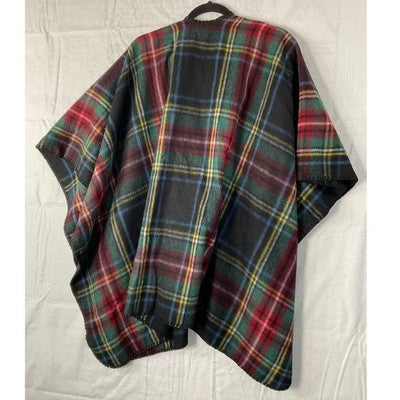 Woolrich Poncho Wrap Women One Size Black Multi Plaid Open Front Whipstitch Wrap