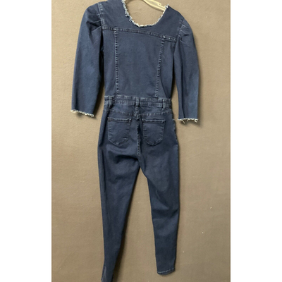 Women's Blue Denim Button-Up Jumpsuit S Fringe Collar Long Sleeve Retro 90's