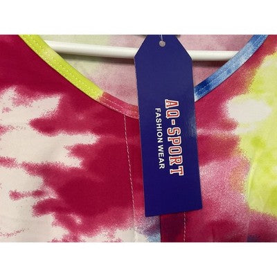 AQ Sport Shirt Shorts Set Womens Large Tie Dye Rainbow Crop Top Lounge Two Piece