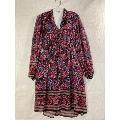 Donna Ricco Floral Tie Neck Dress Womens 14 Navy Red Chiffon Long Sleeve Pockets