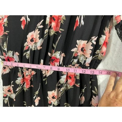 White House Black Market Floral Mini Dress Women 4 Black Lace Trim Chiffon Boho