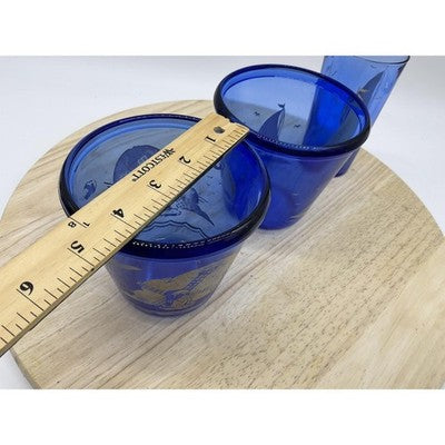 VTG Hazel Atlas Cobalt 2 Ice Buckets, 1 Glass Tumbler Etched Nautical Barware