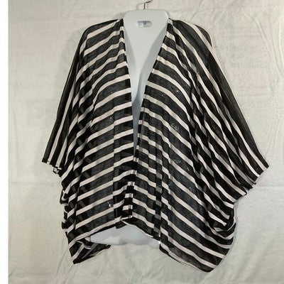 Kimono Wrap Top Coverup Women One Size Black White Striped Open Front Sheer