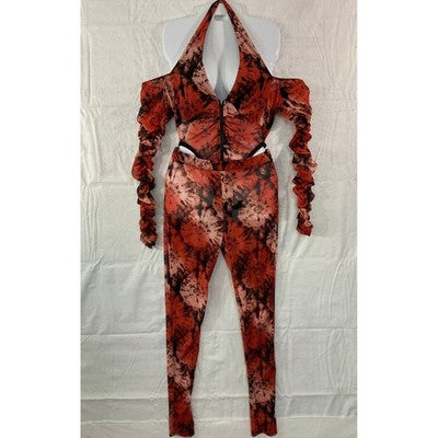 Queen Mania 2 Piece Set Women L Red Black Tie Dye Ruched Mesh Bodysuit Sheer USA