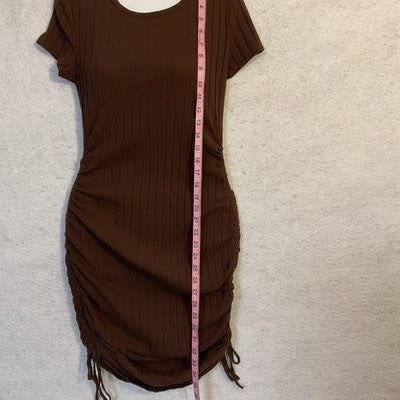 SheIn Dress Womens Large Brown Ruched Ribbed T Shirt Bodycon Knit Knee Length
