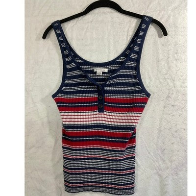 American Eagle Tank Top Womens XL Blue Red White Striped Ribbed Henley Shirt