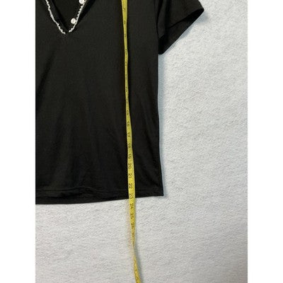 Ruffle Trim Henley Shirt Womens Small Black V Neck Stretch Short Sleeve Buttons